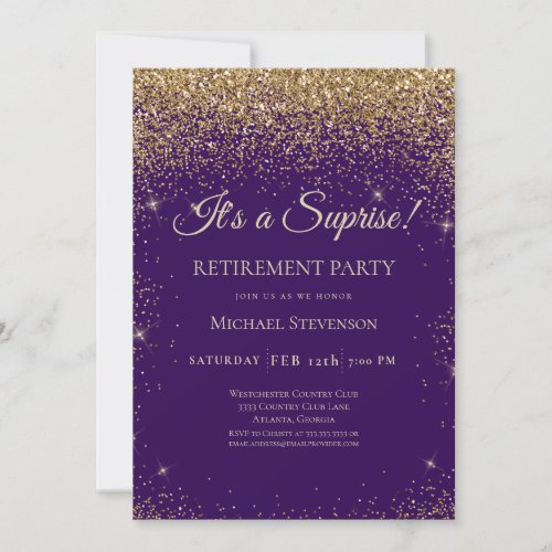 Elegant Purple Gold Surprise Retirement Party