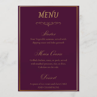 Elegant Purple & Gold Swan Crest Wedding Menu