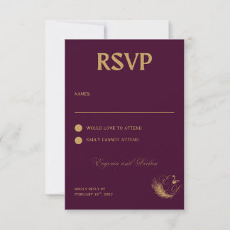 Elegant Purple & Gold Swan Crest Wedding RSVP Card