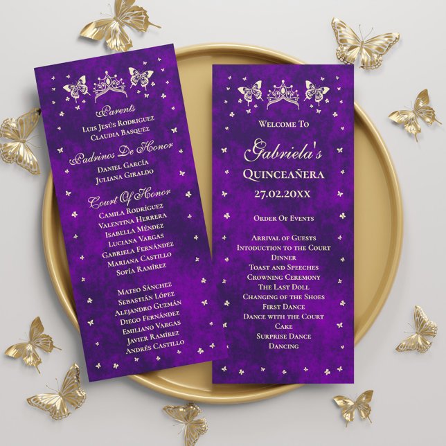 Elegant Purple Gold Tiara Butterflies Quinceañera Program (Elegant Purple Gold Tiara Butterflies Quinceañera Program)