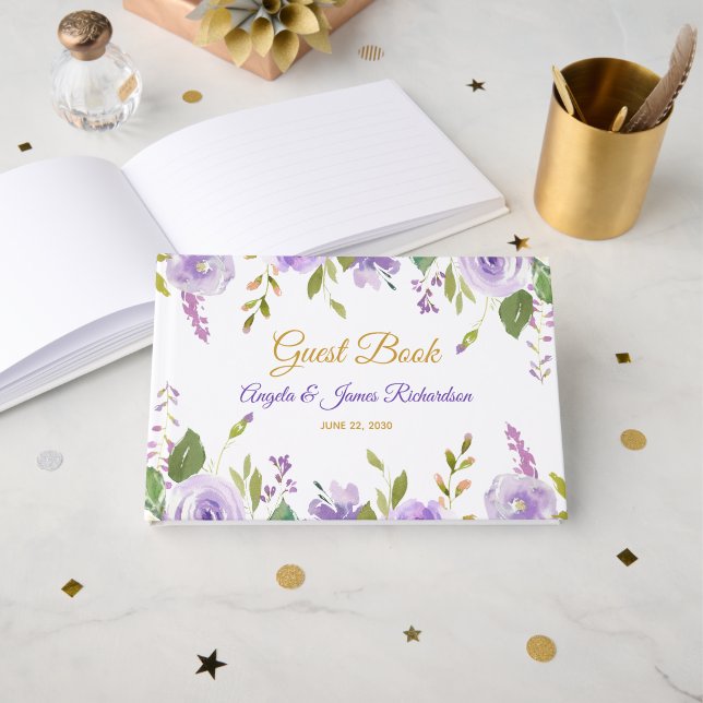 Elegant Purple Gold Watercolor Floral Wedding Guest Book (Front Open)