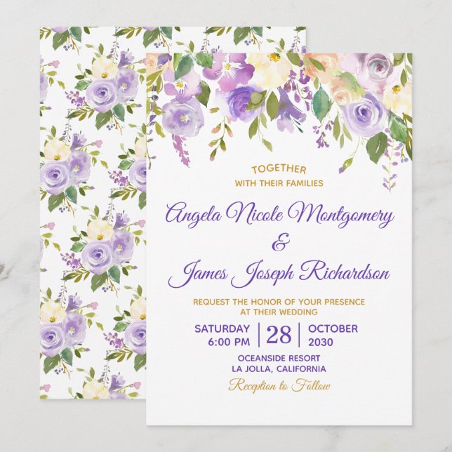Elegant Purple Gold Watercolor Floral Wedding Invitation (Front/Back)