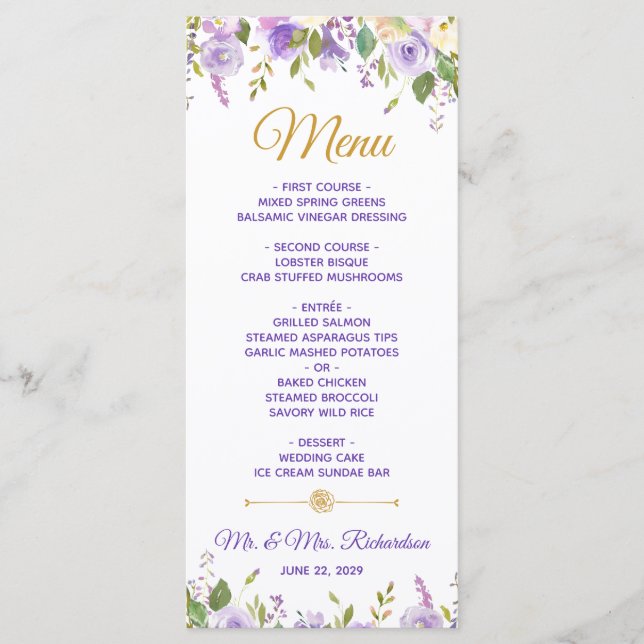 Elegant Purple Gold Watercolor Floral Wedding Menu (Front)