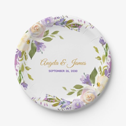 Elegant Purple Gold Watercolor Floral Wedding Paper Plate