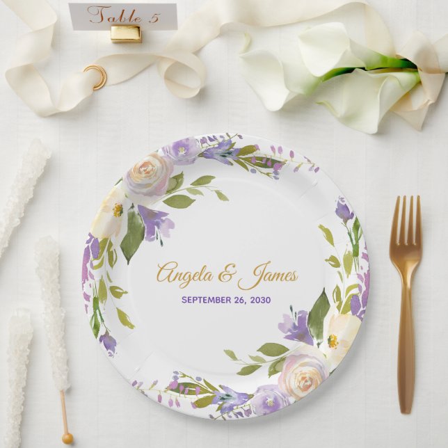 Elegant Purple Gold Watercolor Floral Wedding Paper Plates (Wedding)