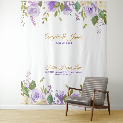 Elegant Purple Gold Watercolor Floral Wedding Tapestry