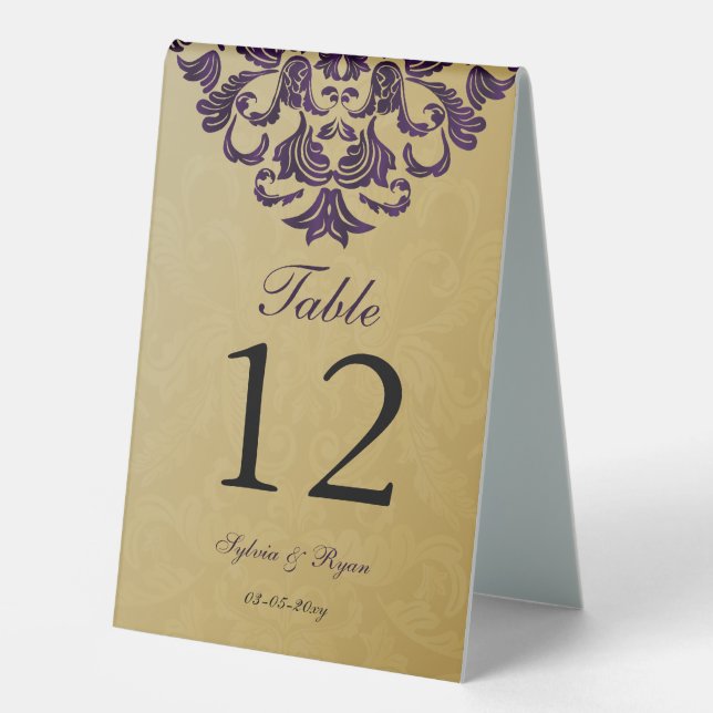 Elegant Purple Gold Wedding Table Number Tent (Front)