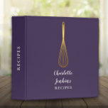 Elegant Purple Gold Whisk Recipe Script 3 Ring Binder<br><div class="desc">An elegant recipe binder featuring a chic gold whisk on a stylish purple background with your personalized name and title set in modern typography. Designed by Thisisnotme©</div>