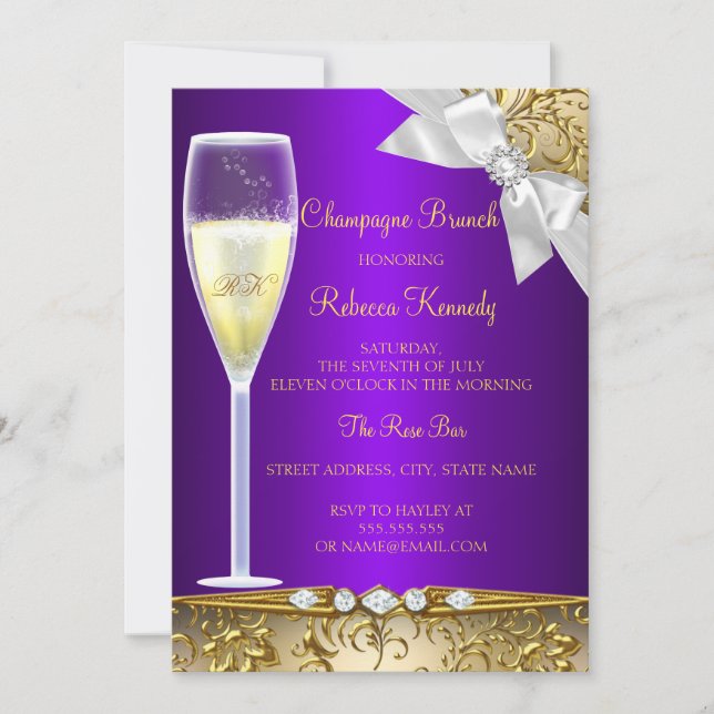 Elegant Purple Gold White Champagne Brunch Invite (Front)