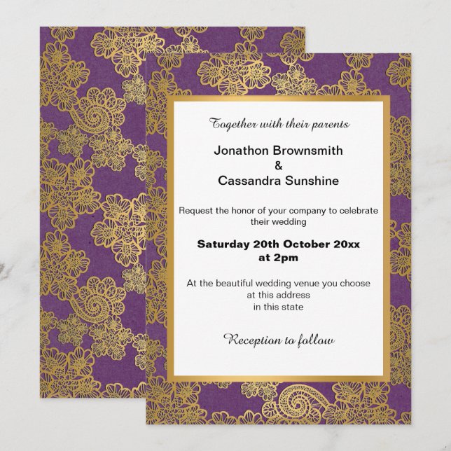 ELEGANT PURPLE GOLD WHITE LACE WEDDING INVITATION (Front/Back)
