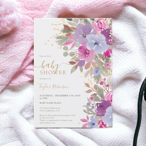 Elegant Purple Gold Winter Floral Baby Shower Invitation