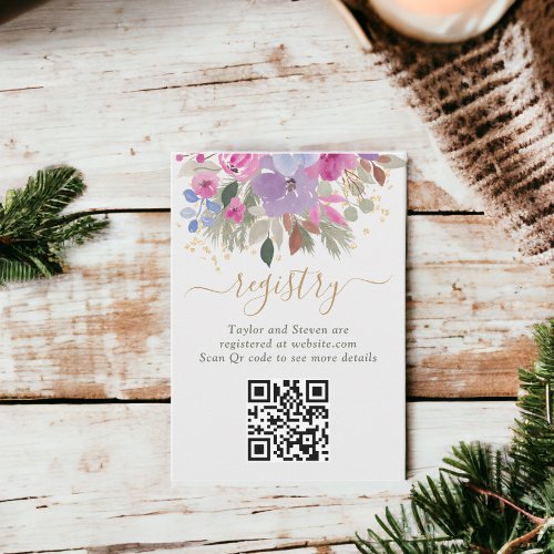 Elegant Purple Gold Winter Floral Bridal registry Enclosure Card