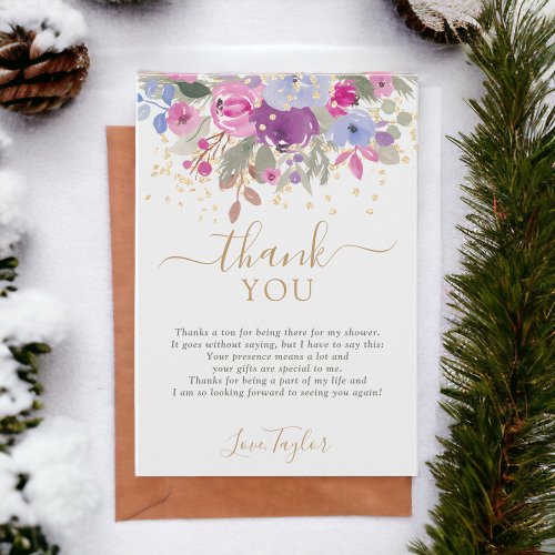 Elegant Purple Gold Winter Floral Bridal shower Thank You Card