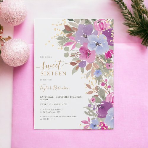 Elegant Purple Gold Winter Floral Sweet 16 Invitation