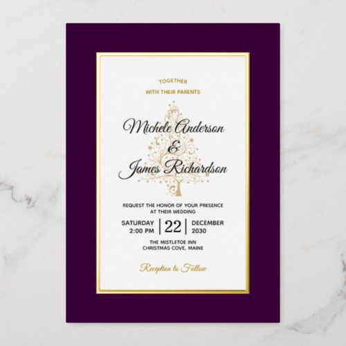 Elegant Purple Gold Winter Holiday Wedding Foil Invitation