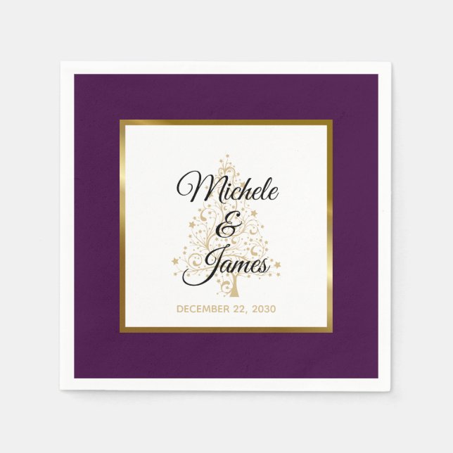 Elegant Purple Gold Winter Holiday Wedding Napkins (Front)