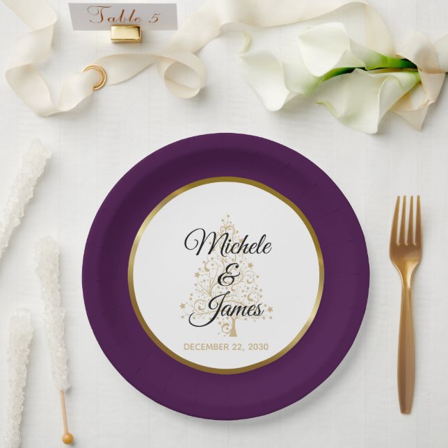 Elegant Purple Gold Winter Holiday Wedding Paper Plates (Wedding)
