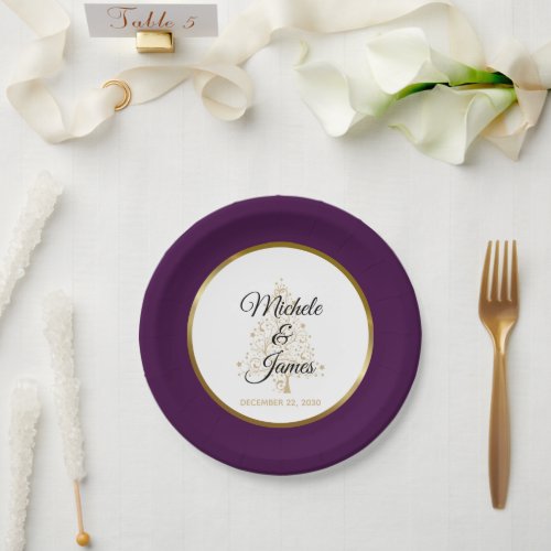 Elegant Purple Gold Winter Holiday Wedding Paper Plates