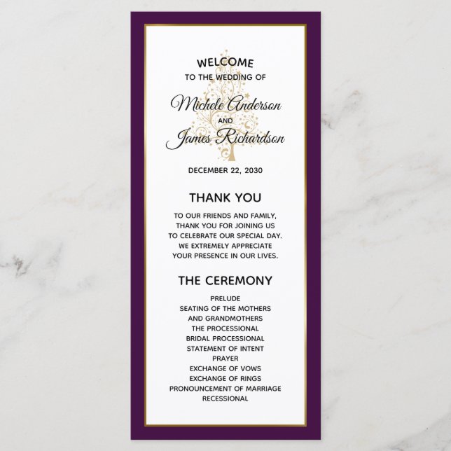 Elegant Purple Gold Winter Holiday Wedding Program (Front)