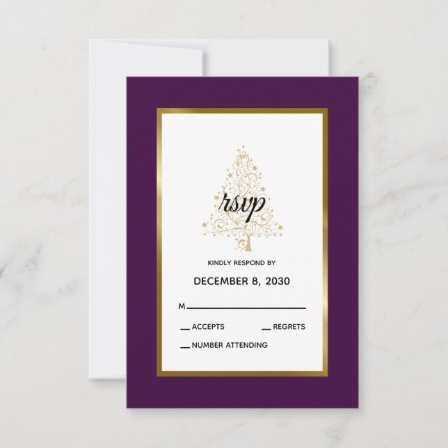 Elegant Purple Gold Winter Holiday Wedding RSVP Card (Front)