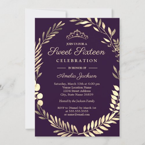 Elegant Purple Gold Wreath Sweet Sixteen Invitation