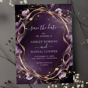 Elegant Purple Golden Floral Frame Save The Date Invitation