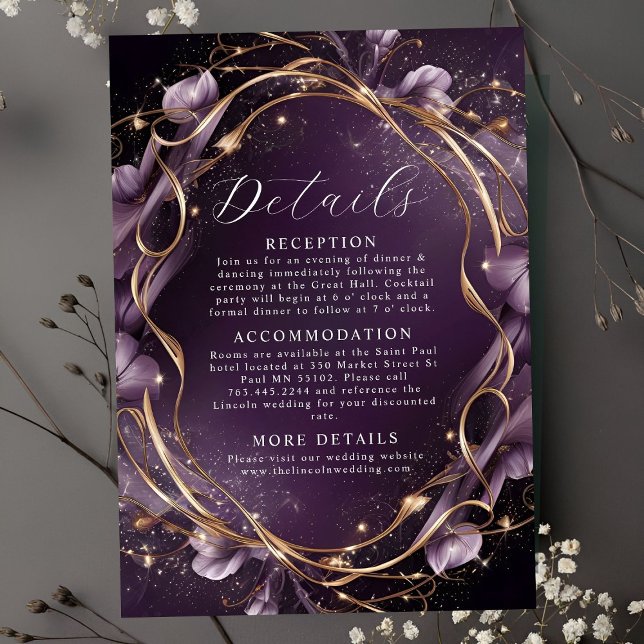 Elegant Purple Golden Floral Frame Wedding Enclosure Card (Creator Uploaded)