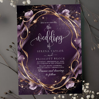 Elegant Purple Golden Floral Frame Wedding Invitation