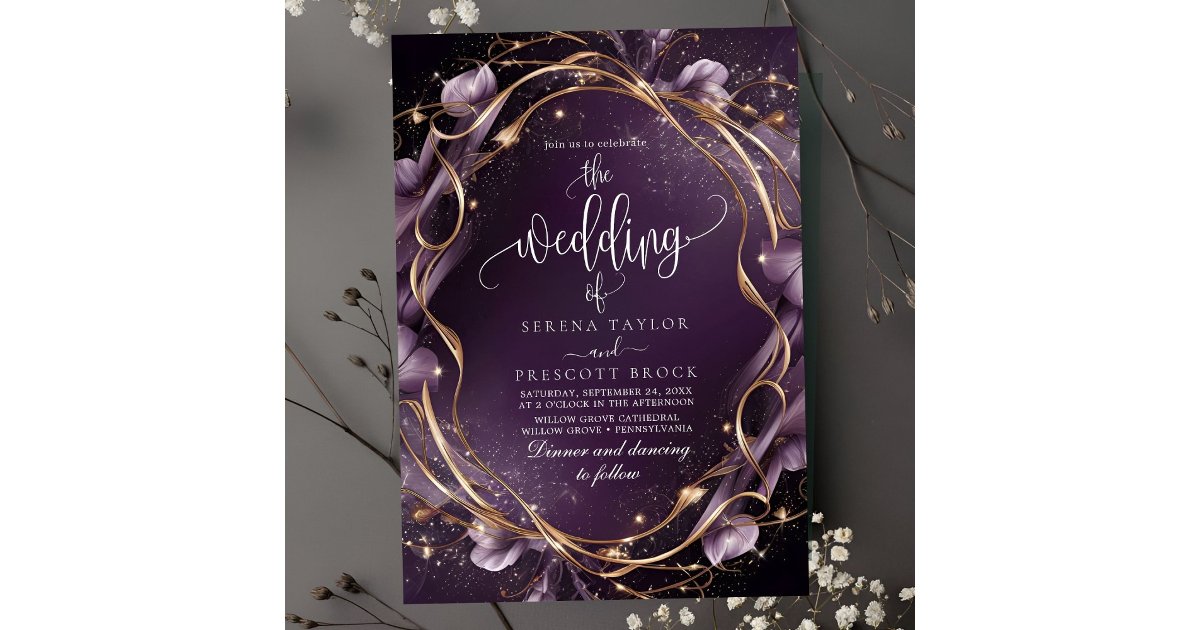Elegant Purple Golden Floral Frame Wedding Invitation | Zazzle