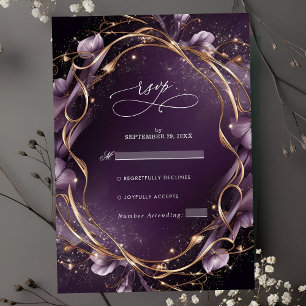 Elegant Purple Golden Floral Frame Wedding RSVP Card