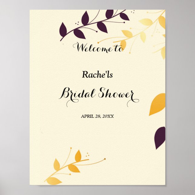 Elegant Purple Golden Leaves  Bridal Shower Poster (Front)