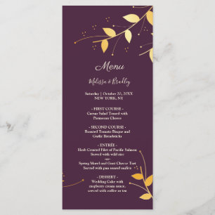 Elegant Purple Golden Leaves Wedding Menu