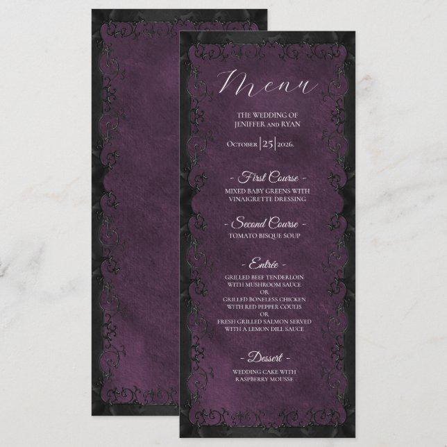 Elegant purple Gothic Wedding Menu (Front/Back)