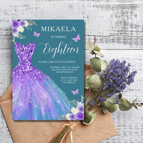Elegant Purple Gown Floral 18th Birthday Invitation