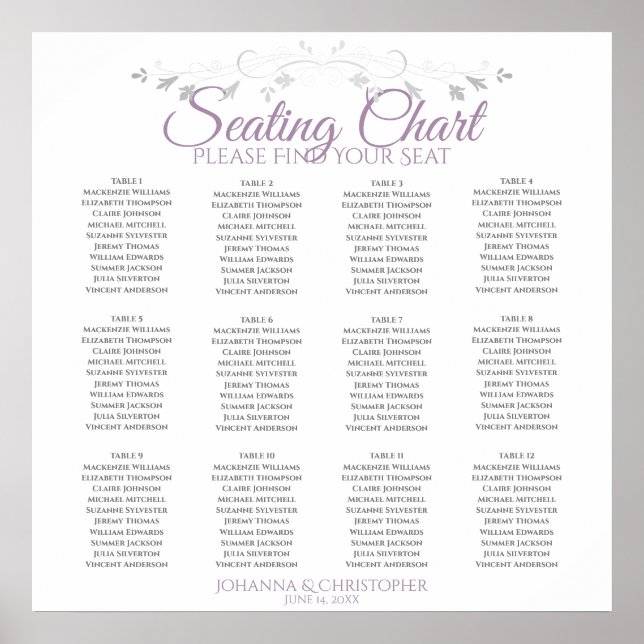 Elegant Purple Gray 12 Table Wedding Seating Chart (Front)