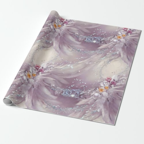 Elegant Purple Gray Beaded Colorful Floral Feather Wrapping Paper