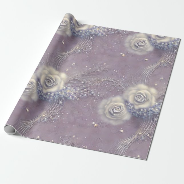Elegant Purple Gray Floral and Pearl  Wrapping Paper (Unrolled)
