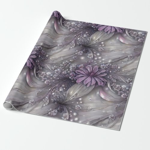 Elegant Purple  Gray Floral Beads and Light Wrapping Paper