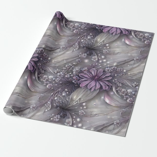 Elegant Purple & Gray Floral, Beads and Light Wrapping Paper (Unrolled)
