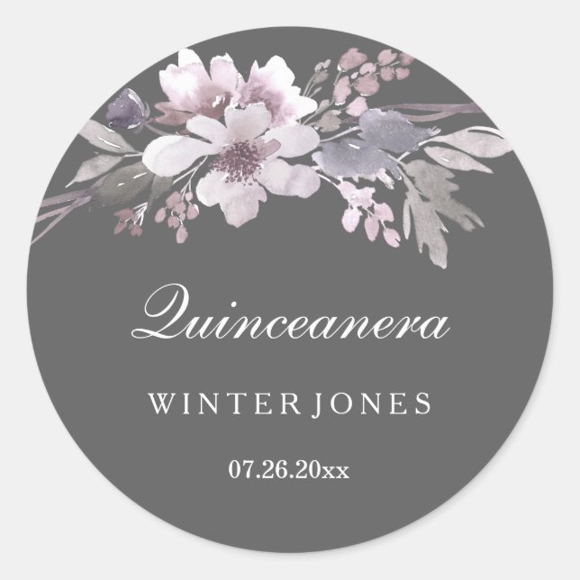 Elegant Purple Gray Floral Quinceanera Stickers (Front)
