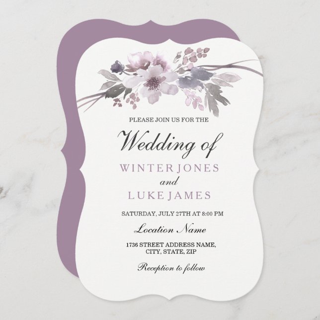Elegant Purple Gray Floral Wedding Invite (Front/Back)