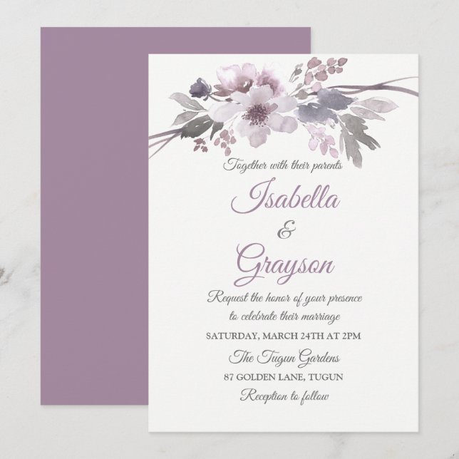 Elegant Purple Gray Floral Wedding Invite (Front/Back)