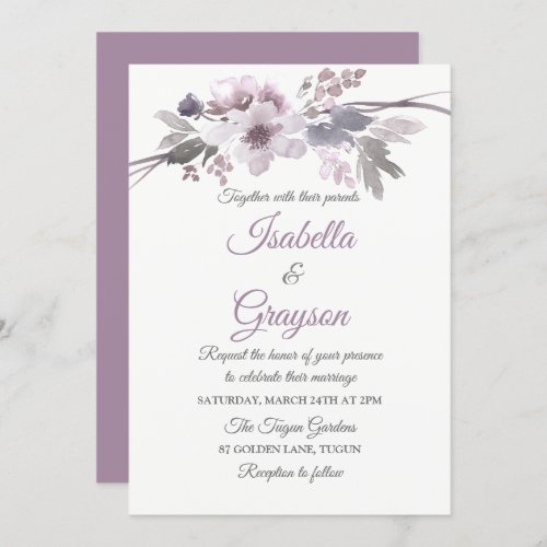 Elegant Purple Gray Floral Wedding Invite