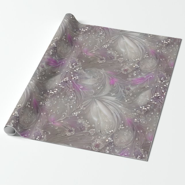 Elegant Purple Gray Pearl Beaded Feathers Wrapping Paper (Unrolled)