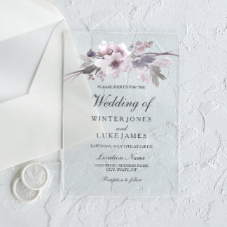 Elegant Purple Gray Winter Floral Wedding Acrylic Invitations