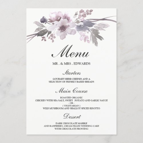 Elegant Purple Gray Winter Floral Wedding Menu