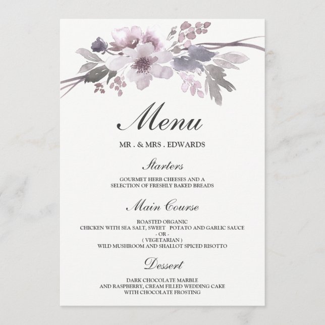 Elegant Purple Gray Winter Floral Wedding Menu (Front)