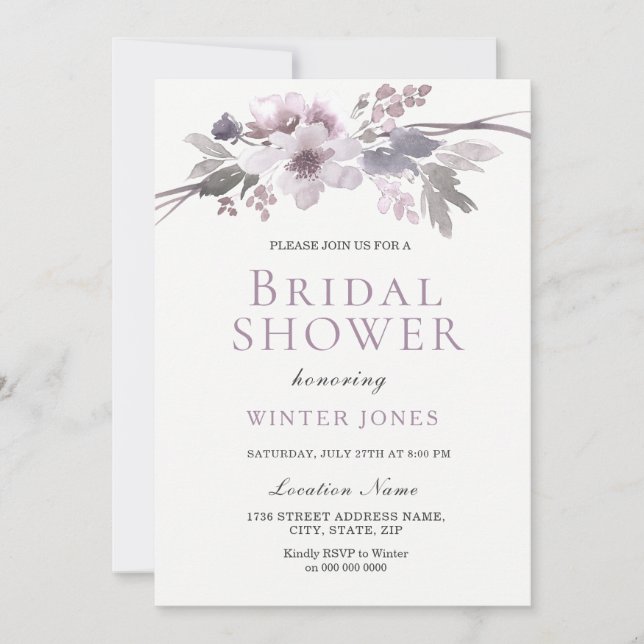 Elegant Purple Gray Winter Flowers Bridal Shower Invitation (Front)