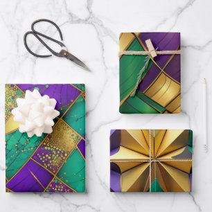 Elegant Purple, Green and Gold Mardi Gras Abstract Wrapping Paper Sheets