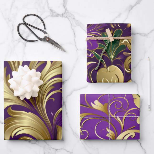 Elegant Purple, Green and Gold Mardi Gras Floral Wrapping Paper Sheets (Front)
